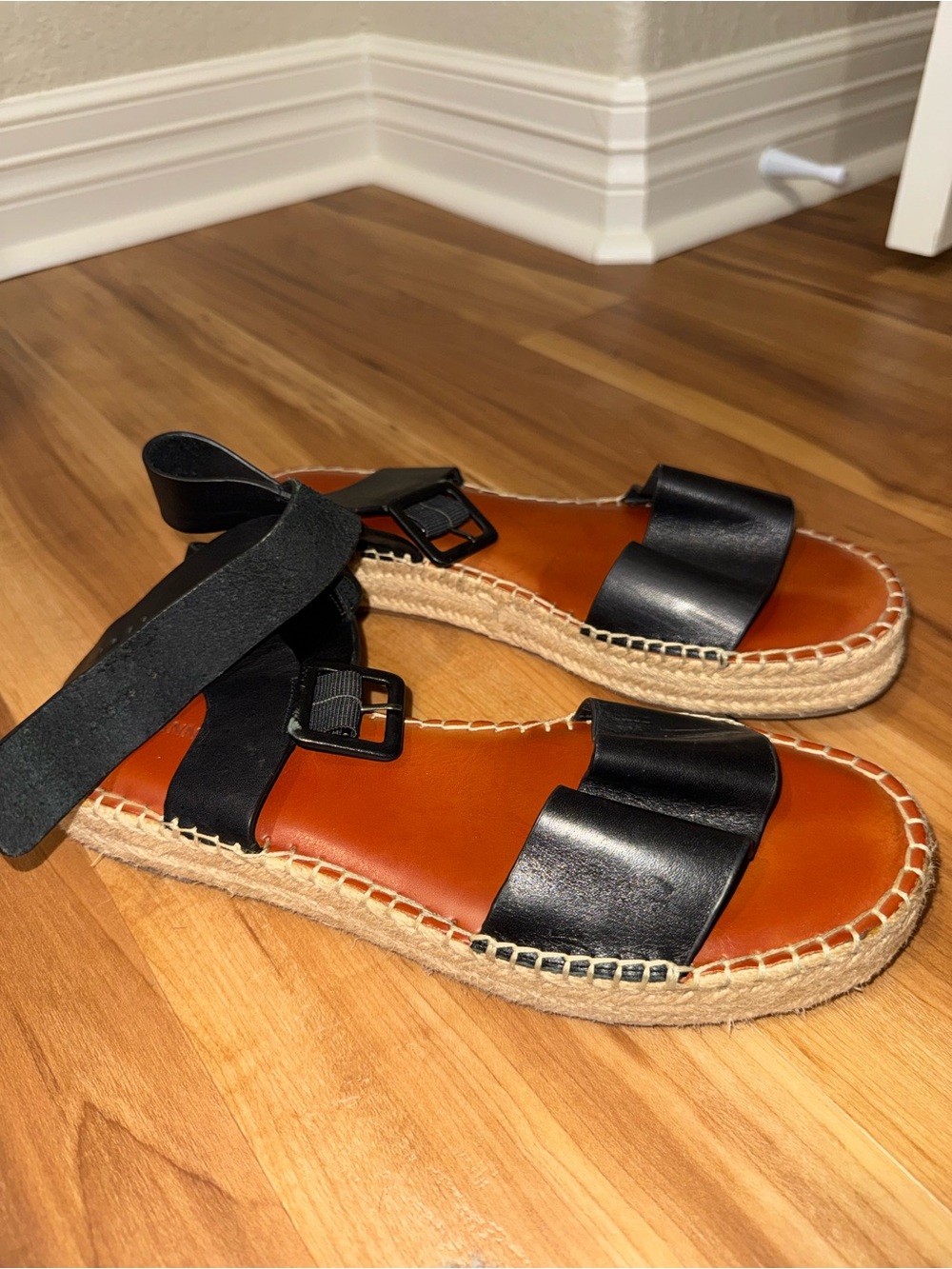 Gianni Bini Black Leather Espadrille Sandals with Tan Footbed
